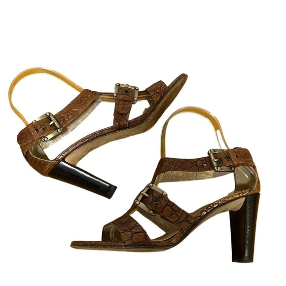 Stuart Weitzman 6.5 Brown Leather Heel Sandal Shoes - Picture 5 of 7